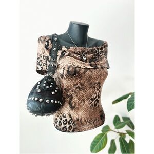 RARE Vintage Joseph Ribkoff | Leopard Sequin Fold-over Off-shoulder Top